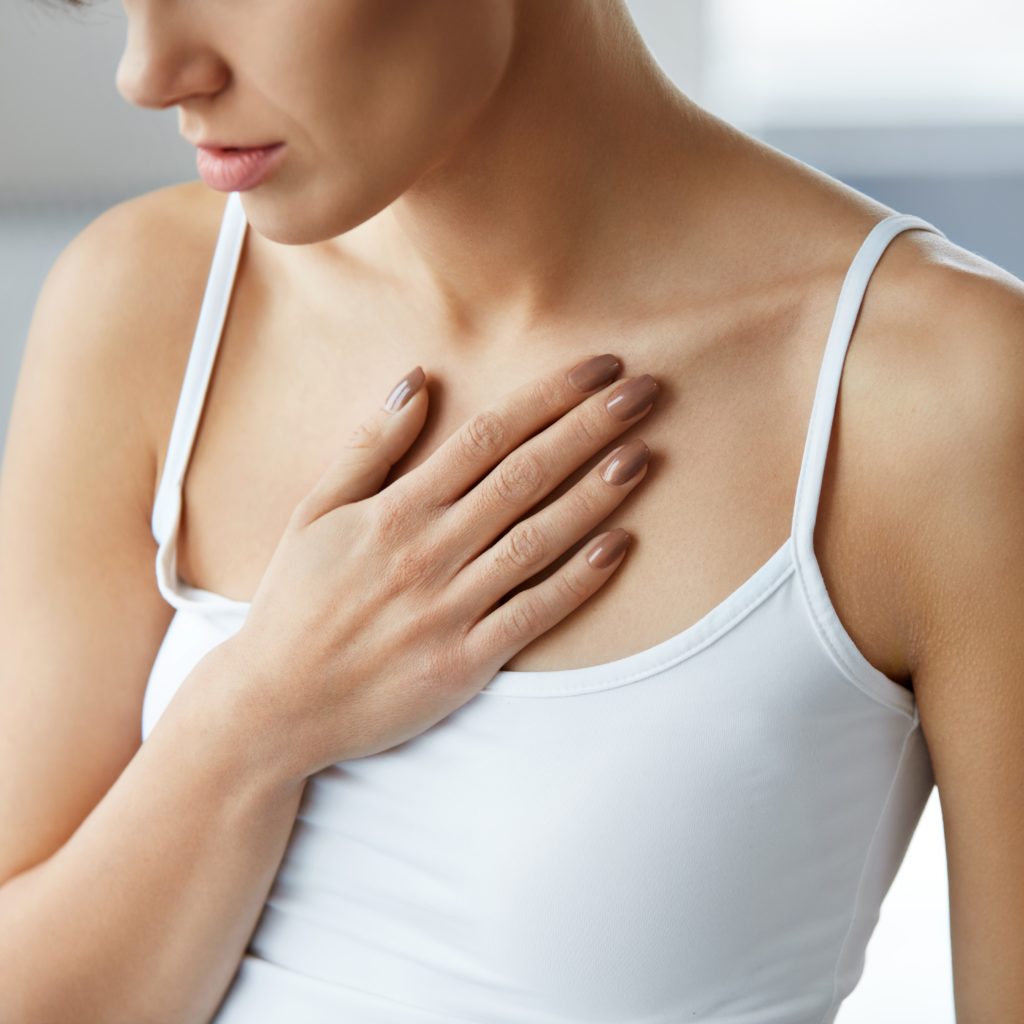 Heart Health Care. Closeup Of Young Woman Feeling Strong Pain In Chest. Close-up Of Female Body With Hand On Chest. Girl Suffering From Painful Feeling, Having Health Issues. High Resolution Image